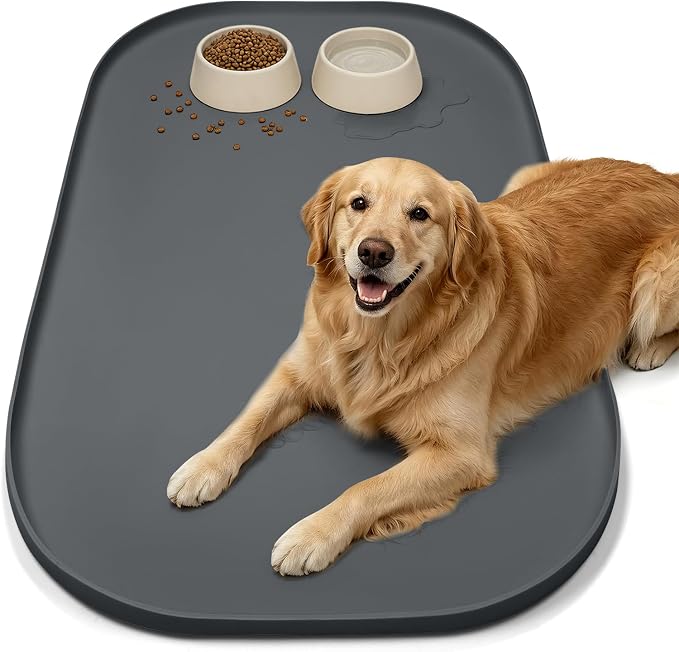 SMILOOL 36" x 24" x 1" Extra Large Silicone Pet Food Mat with Raised Edge for Food and Water Bowl, Dog Feeding Mats, Cat Food Trays for Floor Waterproof, Rubber Tray for Dogs and Cats, Dark Gray