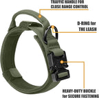 Tactical Military Collar - Adjustable Nylon, Heavy Duty Metal Buckle with Handle for Dog Training, with Patches (Green, M)
