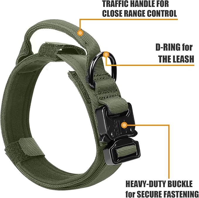 Tactical Dog Collar and Bungee Leash, Camo Military Dog Collar & Leash Set with USA American Flag Adjustable K9 Collar with Heavy Duty Metal Buckle & Handle,with Patches and Airtags Case (XL, Green)