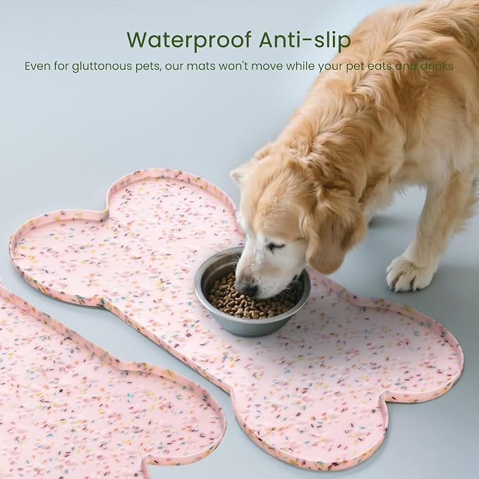 PWTAA Dog Food Mat Anti-Slip Silicone Dog Bowl Mat Thicker Pet Placemat Waterproof Cat Feeder Pad with Raised Edge Puppy Kitten Feeding Mats Suitable Small Medium-Sized Dogs Cats Eating Tray - 2PCS