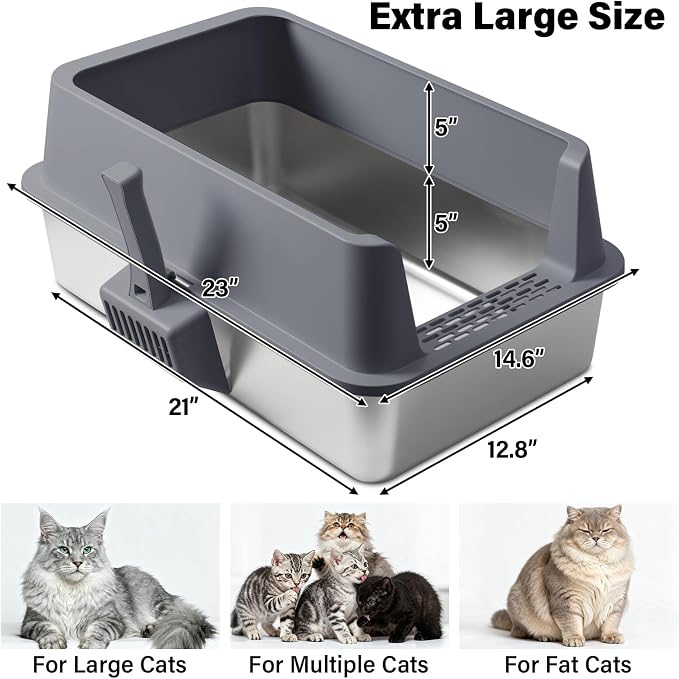 Stainless Steel Litter Box with Lid,XL Extra Large Cat Litter Box | Large Litter Boxes for Big Cats,Metal Kitty Litter Boxes with Anti-Leakage, High Sides,Easy to Clean,Scoop & Mat Included