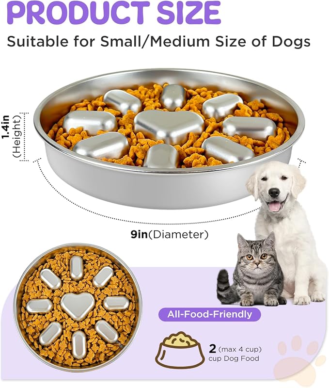 Slow Feeder Dog Bowls with Non-Slip Mat, Stainless Steel Metal Slow Feeder for Small & Medium Dogs, 2 Cups Pet Bowl for Slows Down Eating, Dishwasher Safe, Anti-Gulping Dog Bowl -2 Pack