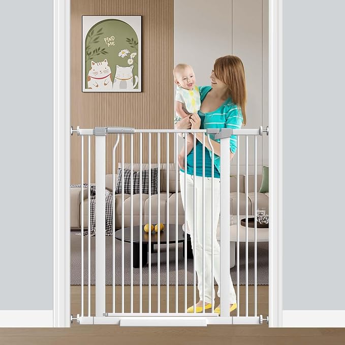 Fairy Baby 40.5" Extra Tall Baby Gate for Stairs Doorways, Fits 29.5" to 40.5" Wide Openings, Auto Close Extra Wide Dog Gate Indoor for The House, Metal Pressure Mounted Pet Cat Gate for Kids, White