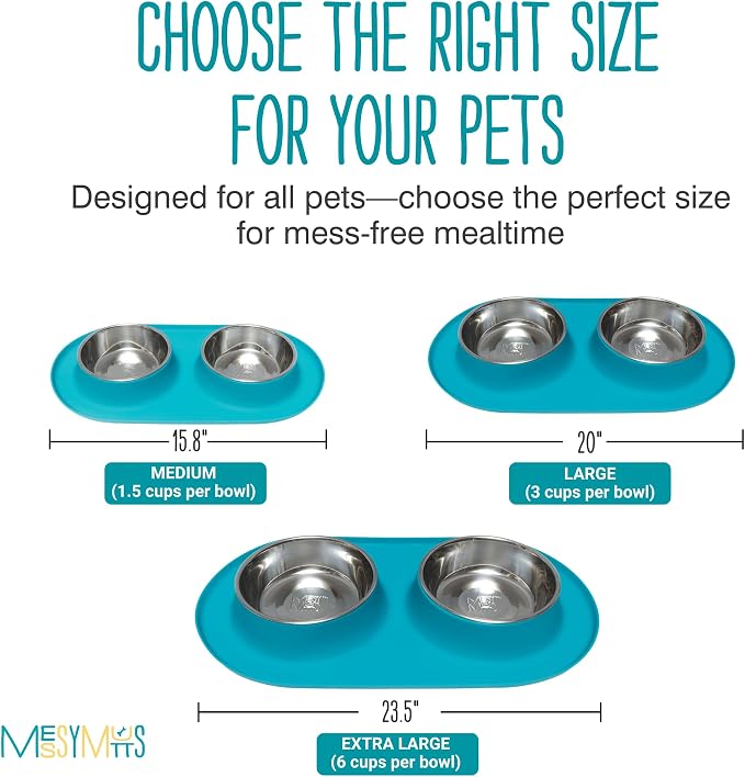 Messy Mutts Double Silicone Dog Feeder, Stainless Bowls, Medium, Blue | Non-Slip Silicone Double Dog Feeder With Two Removable Stainless Steel Bowls For Food And Water