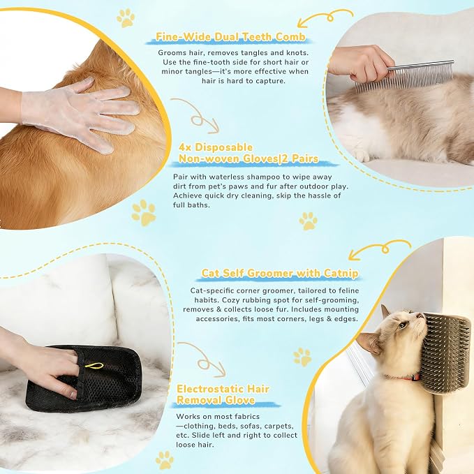 10Pcs Mist Spray Brush Kit for Cats & Dogs, Hair Health & Grooming Set | 100ml Waterless Shampoo, Cat Scratcher w/ Catnip, Nail Clippers, Toothbrush, Comb, Eye Ear Paw Dry Wipes & Gloves, Gift-Set