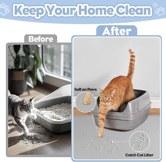 Silicone Cat Litter Mat for Litter Box 34”x22” Large Cat Mat, Light Grey | Waterproof, Non-Slip, Leak-Proof Rug Mat with Lip, Easy to Clean, Extra Large Litter Catcher Mat for Floor