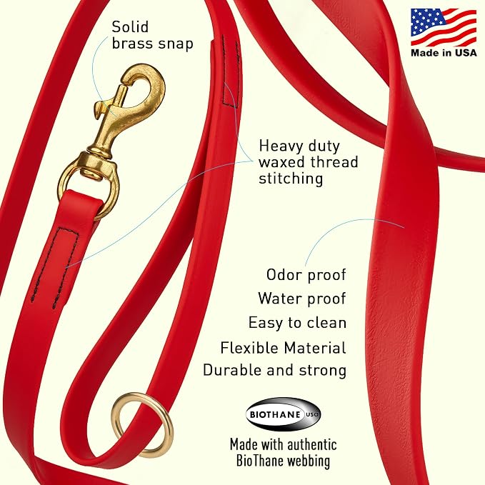 Viper Biothane K9 Working Dog Leash Waterproof Lead for Tracking Training Schutzhund Odor-Proof Long Line with Solid Brass Snap for Puppy Medium and Large Dogs 4ft, Cherry Red
