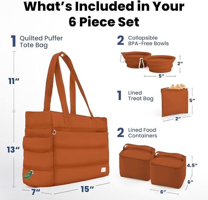 Rubyloo Puffer Dog Travel Bag for Dog Moms, Diaper Bag with Travel Bowls | 2 BPA-Free Collapsible Bowls, 2 Pet Food Containers, 9 Pockets, Everyday Puffer Bag Works With or Without Your Dog, Rust
