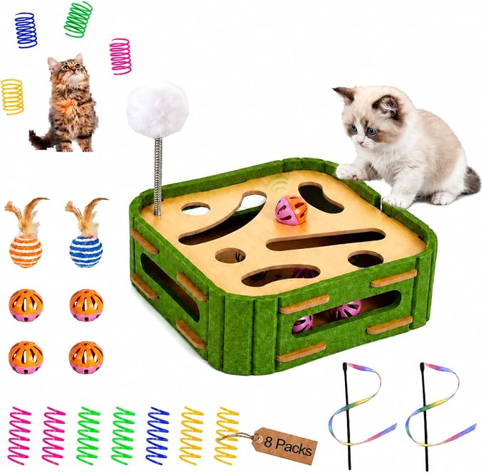 5-in-1 Cat Puzzle Box Toy for Indoor Cats Boredom Relief Interactive Wooden Cat Enrichment Maze with Balls, Feather Wands & Spiral Springs, Slow Feeder Treat Dispenser for Kittens & Adult Cats