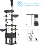 Hey-brother Cat Tree Tower, Adjustable Height, Floor to Ceiling, MPJ091G | 94.5-106.3 Inches Multi-Level Cat House, Scratching Posts, Plush Condo, Platform, Toy Ball for Indoor Big Cats, Smoky Gray