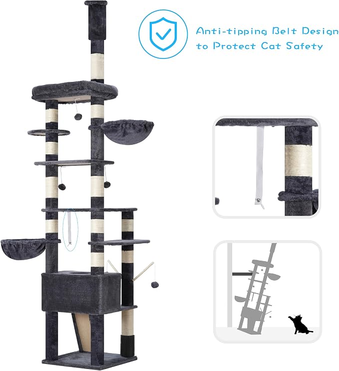 Hey-brother Cat Tree Tower, Adjustable Height, Floor to Ceiling, MPJ091G | 94.5-106.3 Inches Multi-Level Cat House, Scratching Posts, Plush Condo, Platform, Toy Ball for Indoor Big Cats, Smoky Gray