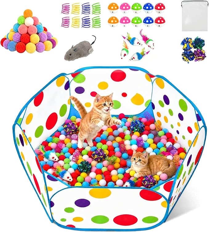 Cat Ball Pit with 227 Pcs Interactive Cat Toys, Enrichment Toys for Bored Indoor Cats Self Play, Include Pom Pom Balls Jingle and Crinkle Balls, Springs and Mice Toy for Kitten Fun and Exercise