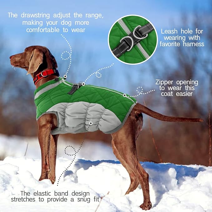 FUAMEY Dog Jacket for Medium Dogs Warm Dog Jackets with Harness Built in | Dog Winter Jacket Cold Weather Snow Puppy Vest Water-Resistant Zip up Dog Fleece Jackets High Visibility Green M