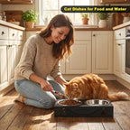 All-Metal Cat Food Bowl Raised, 5.5" WideTilted Whisker-Fatigue Pet Dish, Anti-Vomiting, 2 Stainless Steel Bowls for Food Water, Non-Slip Elevated Cat Feeding Stand for Indoor Multi Cats,Puppy, Black