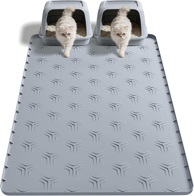 Cat Litter Box Mat, 34"×22" Waterproof Silicone Cat Litter Trapping | Non-Slip Gray Kitty Litter Mat for Indoor Cats, Waterproof Pet Food Mats Easy to Clean & Soft on Kitty Paws
