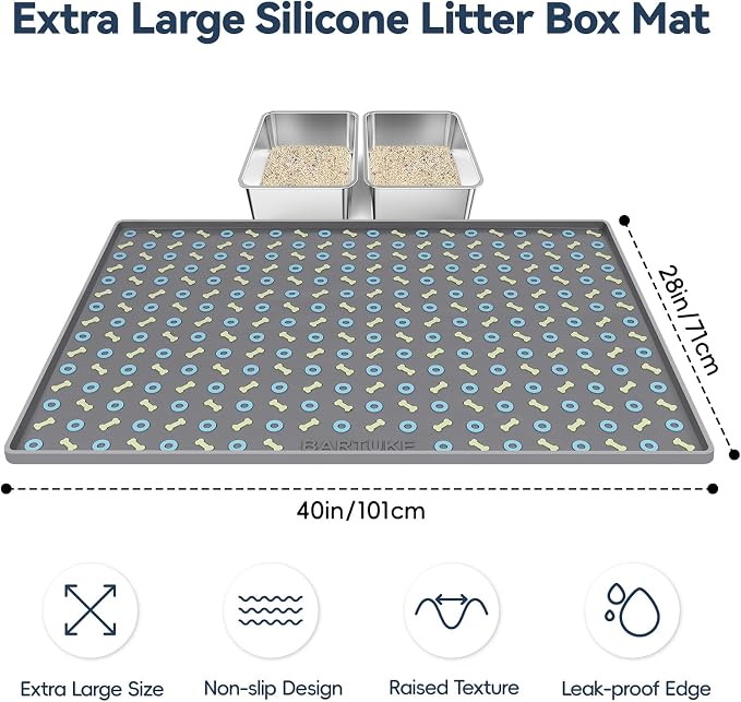 Silicone Cat Litter Mat 40" x 28" Cat Mat for Litter Box, Dark Grey | Extra Large Litter Box Mat, Waterproof Cat Litter Trapping Mat, Non-slip, Leakproof Kitty Litter Mat with Bone Pattern