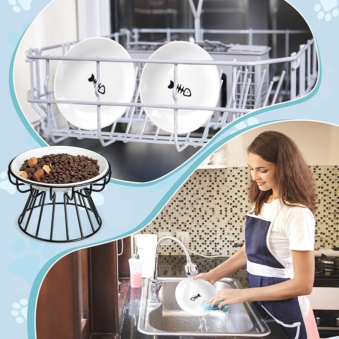 Roshtia 4 Sets Elevated Cat Bowls Ceramic Raised Cat Food Bowls with Metal Stand Dishwasher Safe Dishes Non Slip Elevated Food Plate(Black,Fishbone)