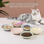 Ceramic Cat Food Bowl Set - 5.6 inch Colorful Cat Feeding Bowls with Non Slip Pads - Wide Shallow Whisker Friendly Plates Cute Dish - Microwave and Dishwasher Safe - 6 Pack - 5.3 oz