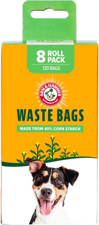 Arm & Hammer Dog Poop Leakproof Plant Based 120 Count Waste Bags, Unscented, Made From 40% Corn Starch With Activated Baking Soda, Pack of 8, Green