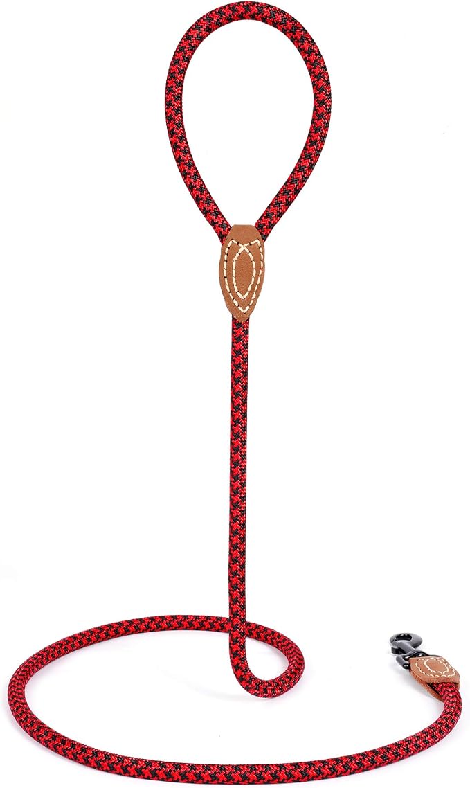 Mile High Life Dog Leash with Genuine Leather Connection, 6 FT/5 FT/4 FT | Rope Leash, Heavy Duty 360° Swivel Metal Clasp, for Small Medium & Large Dogs (Red Black, 60 Inch)