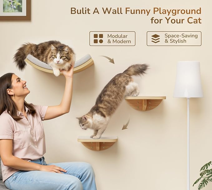 Cat Wall Shelf with Curved Hammock Bed, Wall Mounted Cat Perch | Space-Saving, Floating Cat Wall Bed with Beige Soft Cushion, Wall-Mounted Cat Furniture for All Cat Breeds Sleeping & Playing