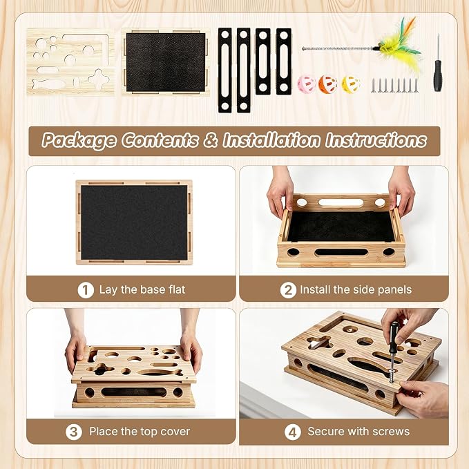 Cat Scratch Puzzle Enrichment Box for Indoor, with 3 Balls & 1 Wand | Integrated Cat Nail File Scratcher with Sandpaper Liner - Stress Free Alternative to Clippers & Grinders for Indoor Cats (L)