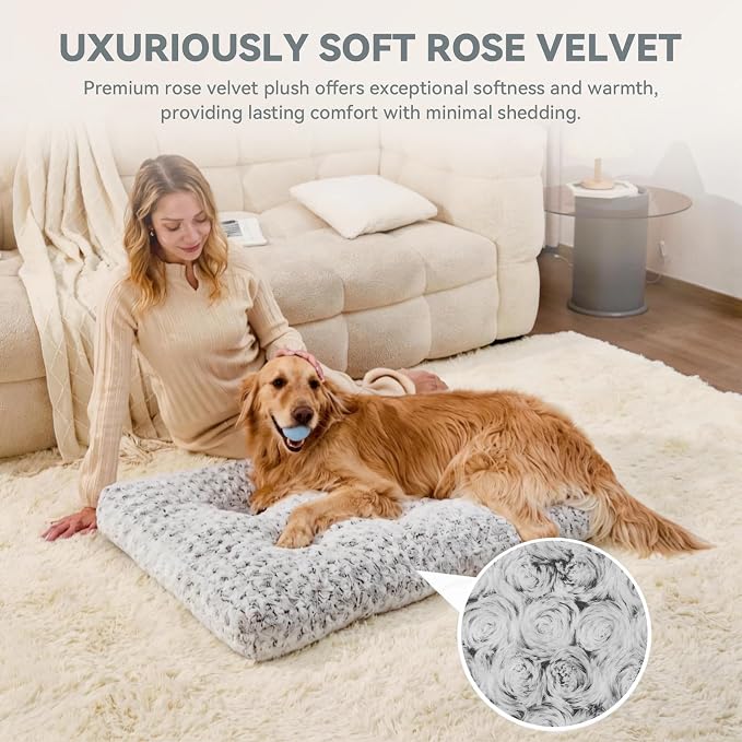 Orthopedic Dog Bed for Dogs, Calming Plush Dog Mat with Thick Cushion Support, Washable Fluffy Pet Bed with Non-Slip Bottom, Soft Indoor Dog Crate Bed (Gray, 23.0" L x 18.0" W x 3.0" Th)