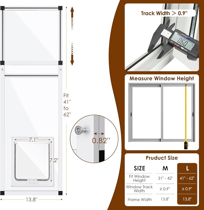 Vertical Cat Door for Window,41"-62" Adjustable Height,1-Min Install | 4 Locking Modes,Aluminum Frame,HD Glass,Magnetic Closure,Weatherproof Pet Door Window Insert for Cats