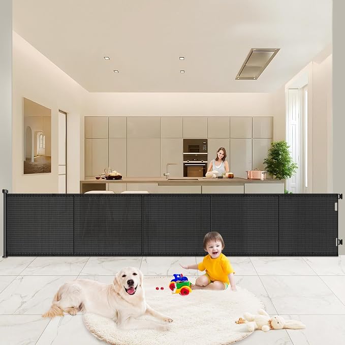 Pawtners Retractable Baby Gates Extra Wide, 41" Tall Extends up to 120" Wide, Dog Gate Indoor for Stairs, Pet Gate with Support Rods for Doorways Hallways Indoor & Outdoor-Black