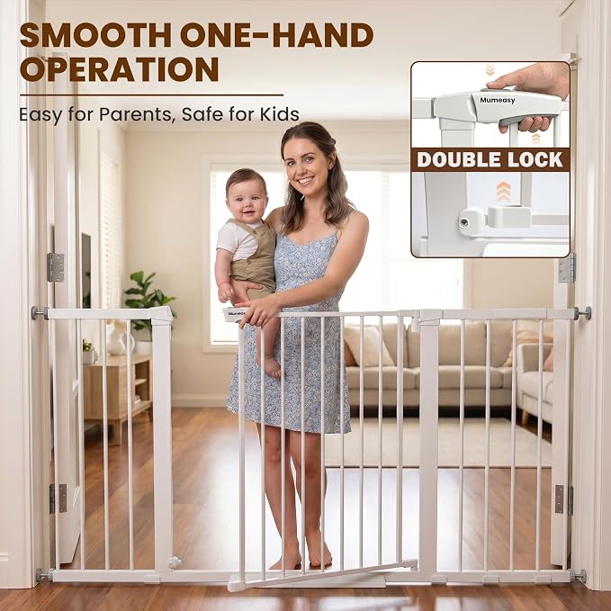 Mumeasy Extra Wide Baby Gate for Doorways, 36-63" Walk Thru Dog Gate with Auto Close Dual Swing for Stairs & Hallways, Easy Install Pressure Mounted Child Safety Gate for Toddlers & Pets Indoor, White