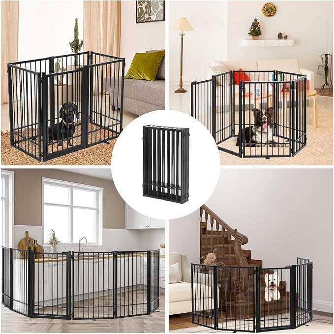 Metal Freestanding Dog Gate with Door, Extra Wide 121", 31" Height Foldable Dog Gates for Doorways, Tall Pet Fence Indoor Pet Gates, 6 Panels Pet Barrier for Stairs Hallways, Black