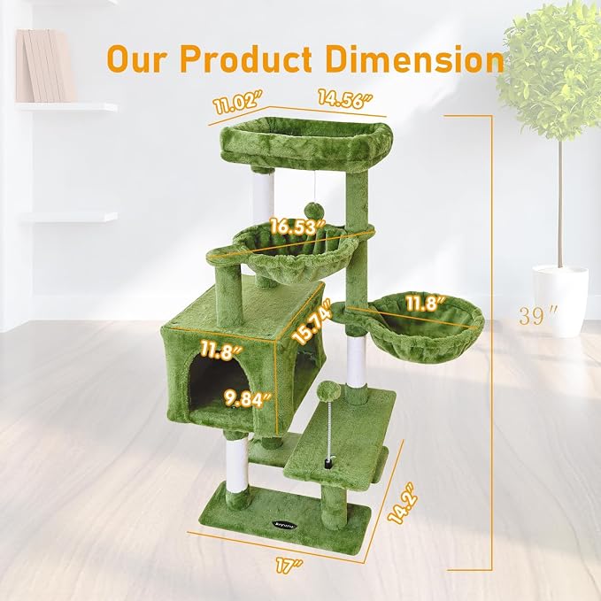 Cat Tree Tower Condo Pet Activity Center Sisal Scratching Post Furniture | KIYUMI Multi-Level Cat Tree Furniture for Indoor with double Hammocks Perch and Kitten Ball Toys