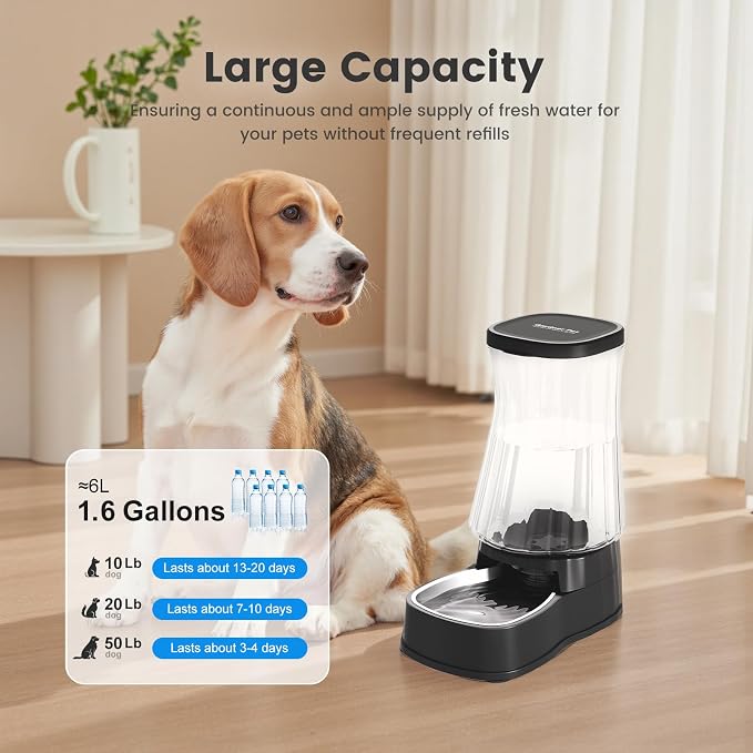 Gardner Pet Automatic Gravity Water Dispenser for Dogs, 1.6Gallon Large Dog Water Bowl Dispenser with Stainless Steel, 100% BPA-Free Pet Water Fountain with Filter for Dogs, Cats, Puppies(Black)