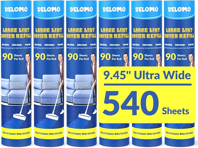 DELOMO 9.45” Large Lint Roller Refills, 6 Packs, 540 Extra Sticky Sheets | Sticky Roller Refills, Easy Tear Sheets, Compatible Only with DELOMO 9.45” Lint Roller, Floors, Carpets, Couches, Pet Hair