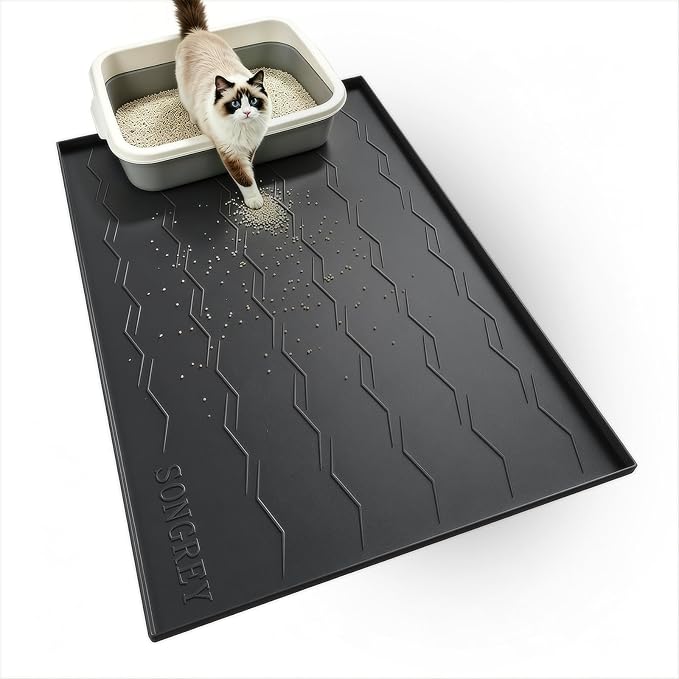 Songrey Silicone Cat Litter Mat 24" x 16", Large Litter Trapping Mat, Black | Waterproof, Urine-Proof Litter Box Mat for Floor, Soft on Kitty Paws, Easy To Clean, Cat Supplies, Pet Feeding Mat
