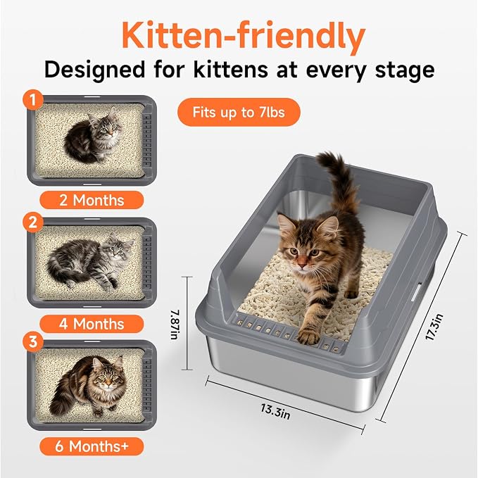 Stainless Steel Cat Litter Box Low Entry Litter Pan Include Scoop | Odor Free Metal High Sides Lid Open Top Easy Cleaning Anti-Scratc Anti-Urine Leakage Non-Sticky