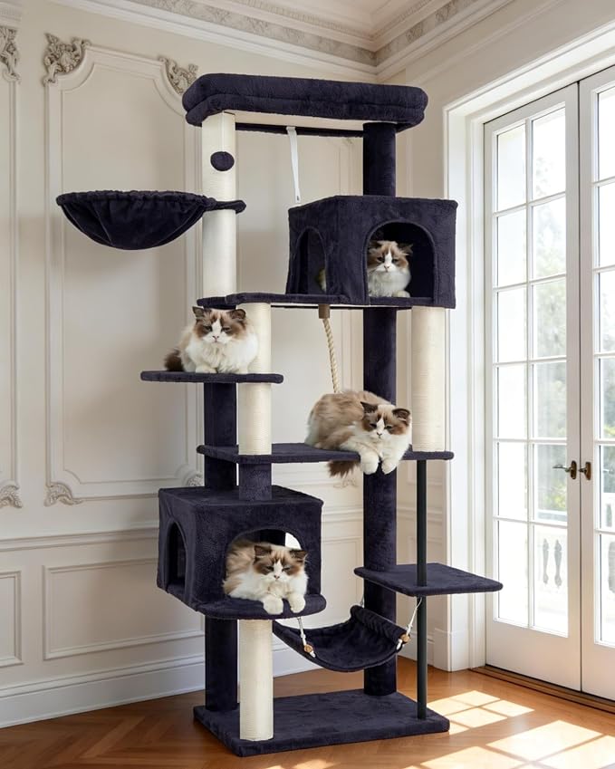 Gitelsnour Cat Tree, Cat Tower with Sturdy Steel Tube, Large Perch GCT024G | 70.5'' Cat Furniture with Scratching Post, Hammock, Basket and Big Platform for Indoor Cats Large Adult, Drak Gray