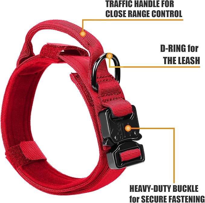 Tactical Dog Collar and Bungee Leash,Military Dog Collar & Leash Set with USA American Flag Adjustable K9 Collar with Heavy Duty Metal Buckle & Handle,with Patches and Airtags Case (L, Red)
