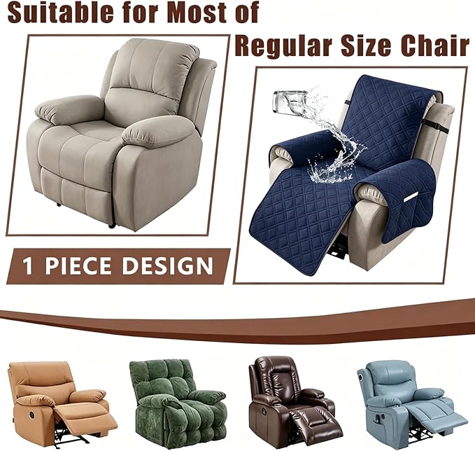 100% Waterproof Recliner Chair Cover, Non-Slip Washable Recliner Slipcover with Elastic Straps & Side Pocket, Stay in Place Furniture Protector for Dogs Cats Kids (Navy Blue, 23)