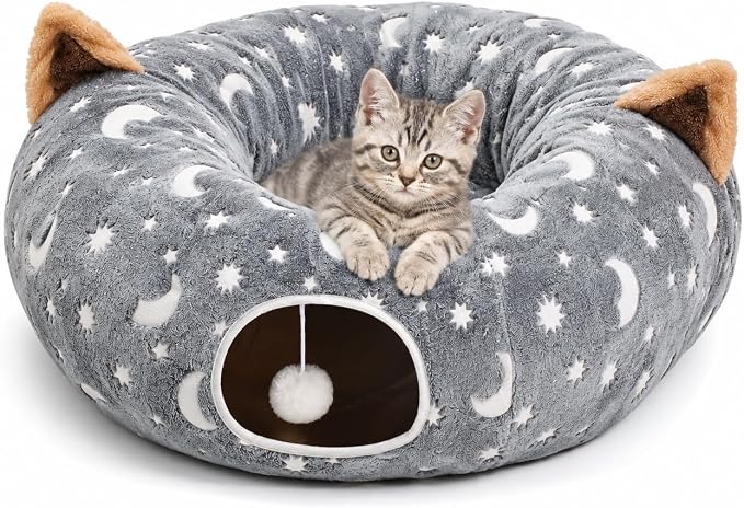 Cat Tunnel Bed Under Christmas Tree with Plush Ball Toy Playground Crinkle Collapsible Self-Luminous Flannel Fabric 3FT for Large Cats Kittens Kitty Small Animals Puppy Grey Moon Star