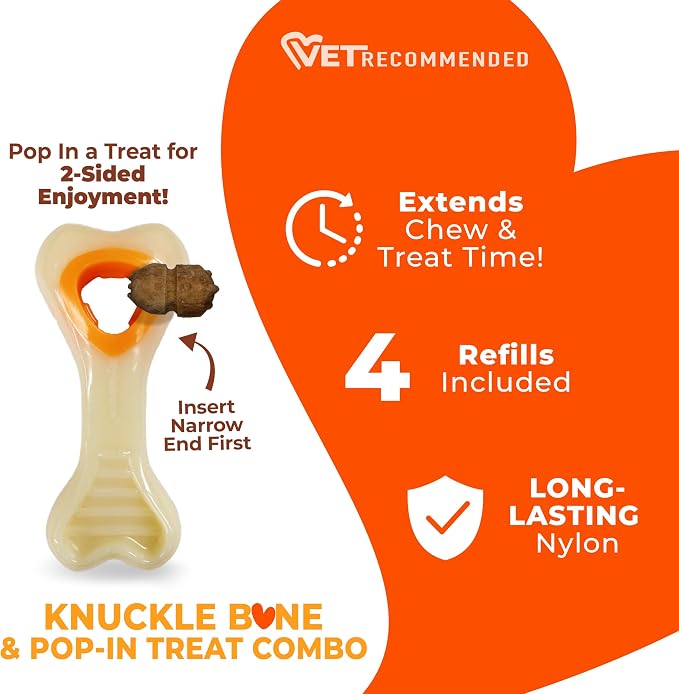 Nylabone Power Chew Knuckle Bone & Pop-In Dog Treat Toy, X-Small | Chicken flavor, includes 4 natural treats, dog enrichment, interactive dog toys to keep them busy, for dogs up to 15 lbs