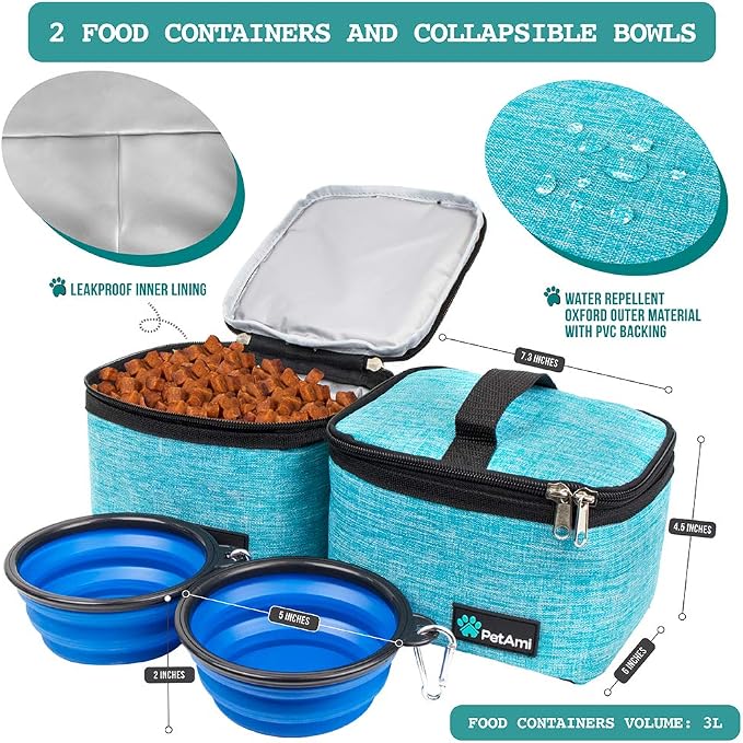 PetAmi Dog Travel Bag Organizer, Pet Travel Kit with 2 Food Containers & 2 Collapsible Dog Bowls, Pet Supplies Tote with Luggage Sleeve, Weekend Road Trip Camping Essentials, Teal Blue, Medium