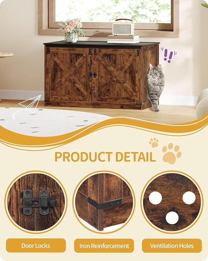 Hzuaneri Cat Litter Box Enclosure, Hidden Litter Box Furniture with Divider | Wooden Cat Cabinet with Removable Dividers, Reversible Entrance Left or Right Side, Cat Washroom, Rustic Brown Black CB84701X