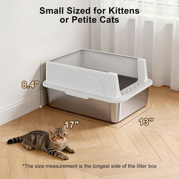 FURTIME Stainless Steel Cat Litter Box, Small Cats Metal Litter Box | High-Sided Open-Top Easy-Clean Litter Pan, Non-Stick, Anti-Leakage, Odor-Free, Comes with Scoop & Mat, 17"×13"×8.4"