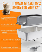 Powools Stainless Steel Cat Litter Box, High-Sided, Grey, XXL (1 Pack) | Metal Litter Box with Scoop, Anti-Leakage Top Entry, Non-Sticky, Easy to Clean, 8-Inch Splash-Proof Deep Pan