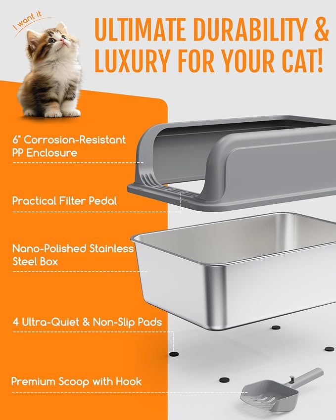 Powools Stainless Steel Cat Litter Box, High-Sided, Grey, XXL (1 Pack) | Metal Litter Box with Scoop, Anti-Leakage Top Entry, Non-Sticky, Easy to Clean, 8-Inch Splash-Proof Deep Pan