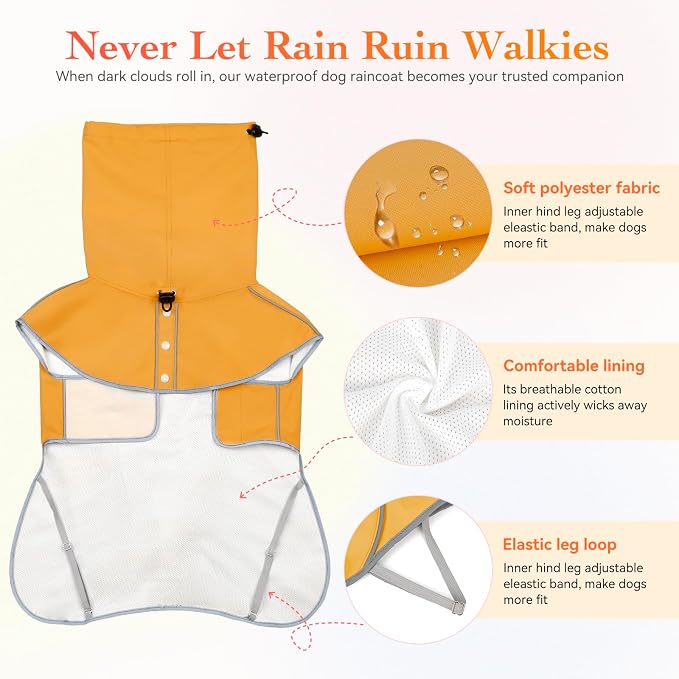 Reflective Dog Raincoat, Windproof & Waterproof Dog Rain Jacket, Adjustable Hooded Pet Poncho with Leash Hole for Small, Medium, Large Dogs(S-2XL) (Yellow, Medium)