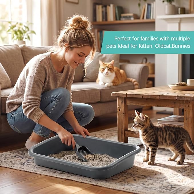 Uiifan 3 Pcs Extra Large Low Entry Cat Litter Box for Senior Kitty Pet Open Top Litter Box for Senior Kitten Handicap Disabled Older Elderly Cats, Easy to Clean(Gray,23.2 x 16.5 x 4.3 Inches)