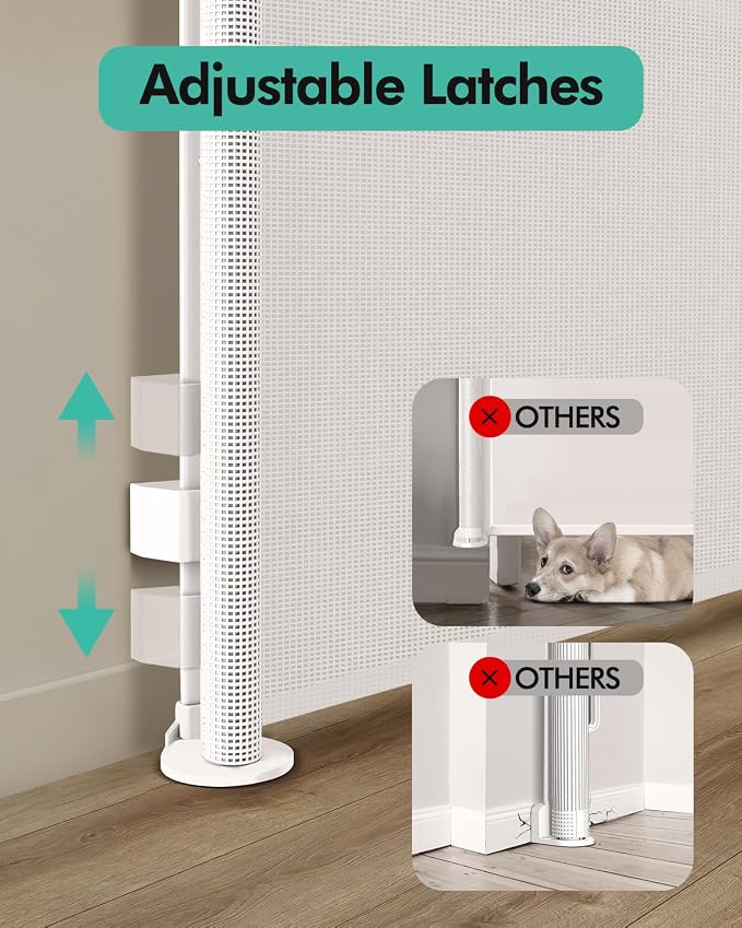 Retractable Baby Gates, Mesh Dog Gate for Doorways, 33.6" Tall, Expands to 71" Wide,Pet Safety Essential Fit for Baseboards, Wide Toddlers Gates for Hallways, Indoor & Outdoor,White