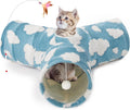 Tempcore Flannel Cat Tunnel for Indoor Cats, 3 Way Collapsible Pet Play Tunnel with Teaser Wand, Peek Holes & Hanging Ball, Interactive Tube for Kittens & Rabbits, Blue Cloud